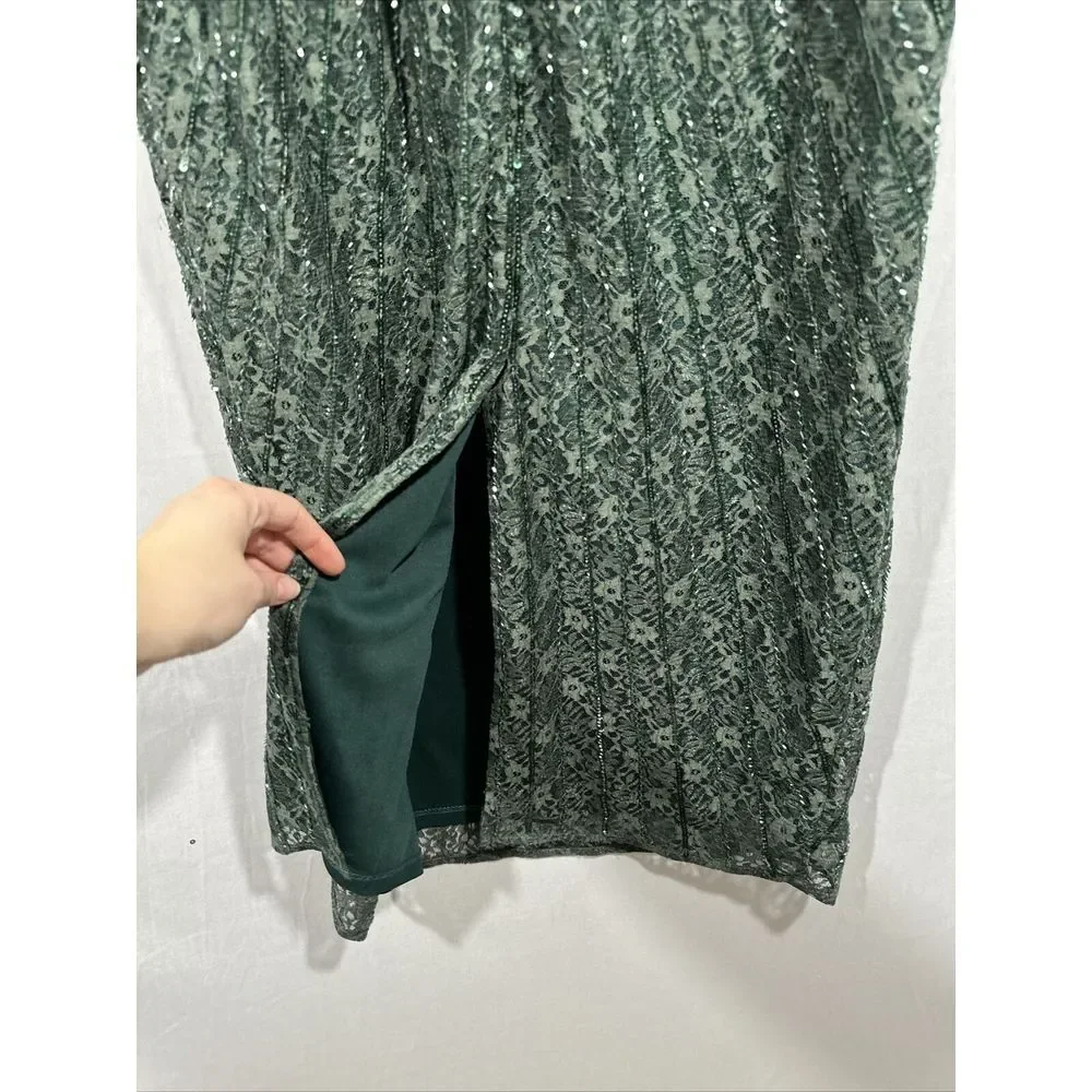 NWT $538 Mac Duggal [ 8 ] 93676 Beaded Lace‎ Long Sleeve Midi Dress Deep Green